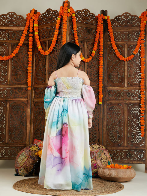 Girl's Multicolor Printed Satin Two Piece Set